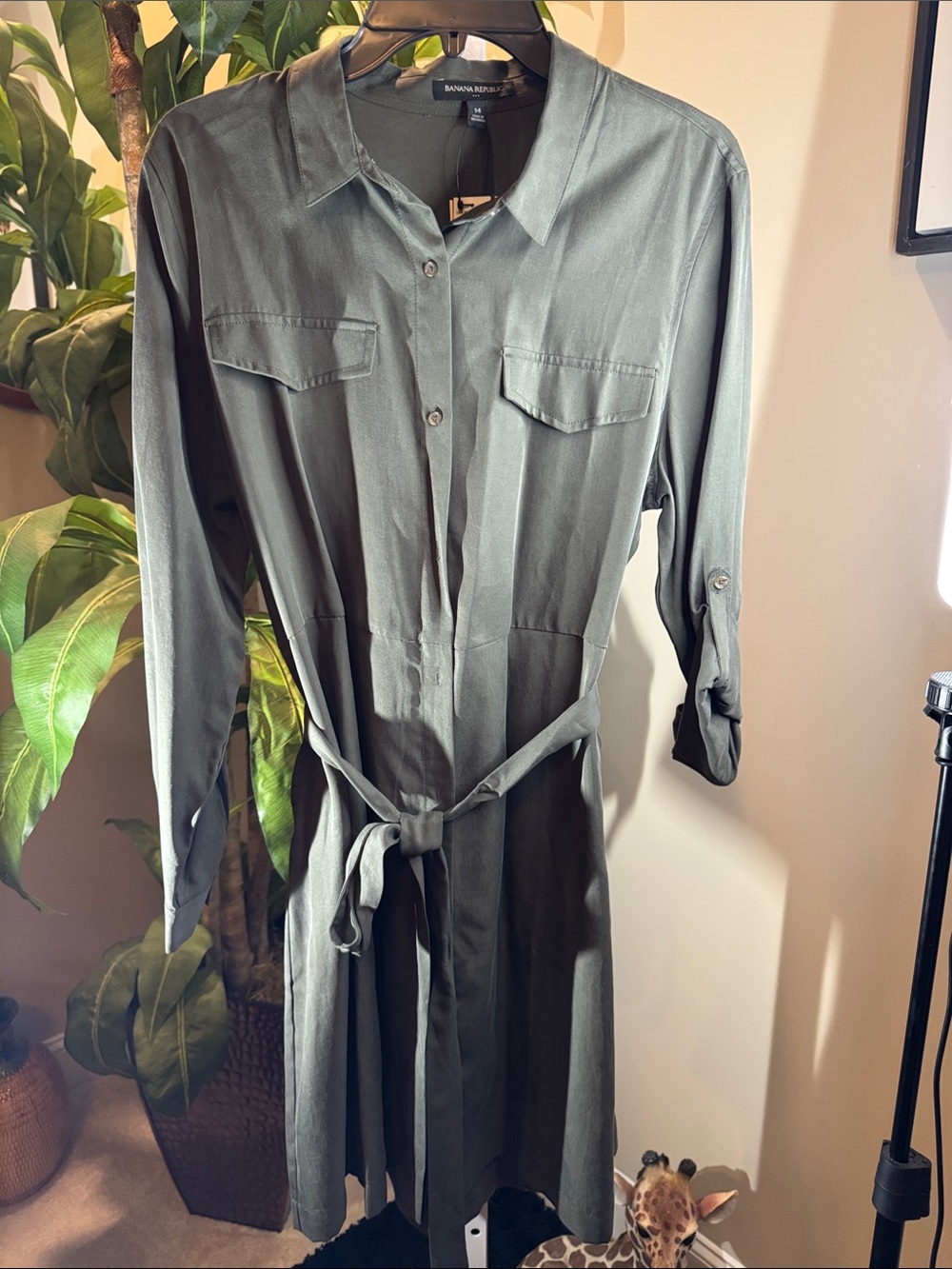 Banana Republic Olive Green Long-Sleeve Shirt Dress with Tie. New W/ Tag Size 14